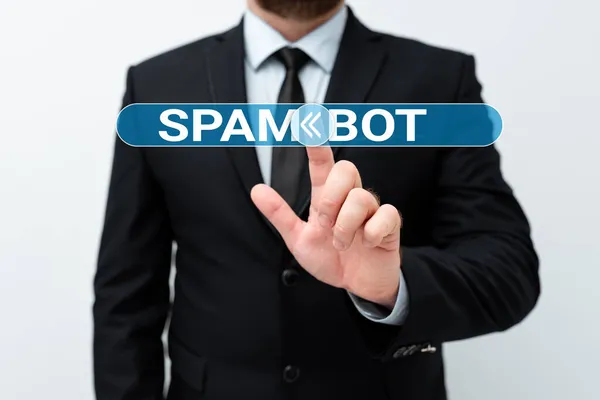 Leyenda de texto que presenta Spam Bot. Idea de negocio programa autónomo en Internet que envía spam a los usuarios Presentando Nuevos Planes e Ideas Demostrando Proceso de Planificación —  Fotos de Stock