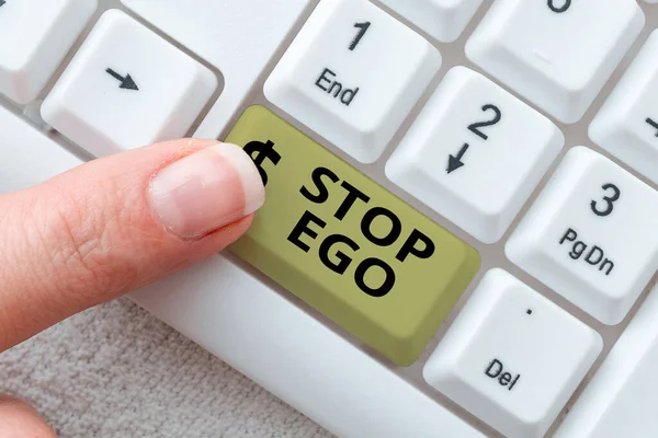 Pantalla conceptual Stop Ego. Concepto significado Controla tu obsesión por una decisión o un evento o cualquier cosa Documentación en línea Ideas, Subir archivos importantes a Internet —  Fotos de Stock