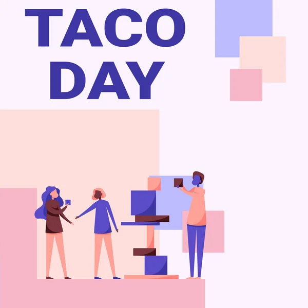 Podpis tekstowy przedstawiający Dzień Taco. Koncepcja internetowa świętuje dzień, który promuje konsumpcję tacos w USA Trzech kolegów stoi pomagając sobie nawzajem z klockami. — Zdjęcie stockowe