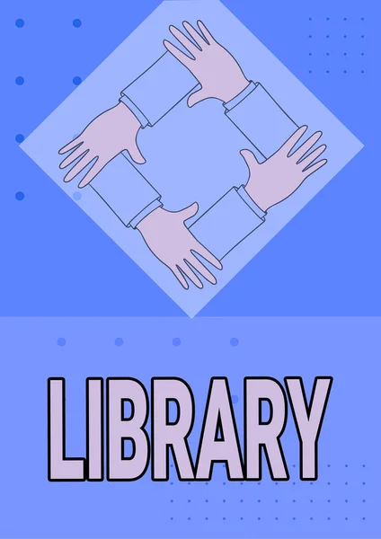 显示图书馆的文字标志。概念意谓包含藏书的建筑房间学习的地方四个手挽手展示连接符号. — 图库照片