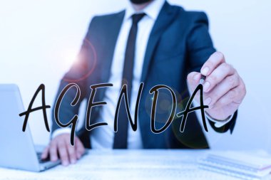 Gündemi sunan metin başlığı. İş konsepti listesindeki unsurlar katılımcıların Uzaktan Ofis Çalışmaları İnternet üzerinden İletişim Teknolojisi sunumunda yapmayı umdukları şeyler
