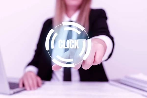 Segno di scrittura a mano Click. Business approach Act of pressing a button on a mouse similar device Sharp short sound Explaining Company Problem, Abstract Providing Dispute Solutions — Foto Stock