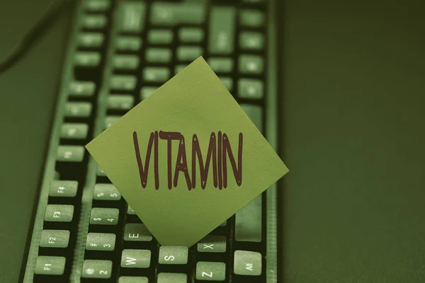 Conceptual caption Vitamin. Concepto que significa grupo de compuestos orgánicos que son esenciales para el crecimiento normal Escribir un artículo de revisión de películas, Escribir alimentos frescos Blog Article — Foto de Stock