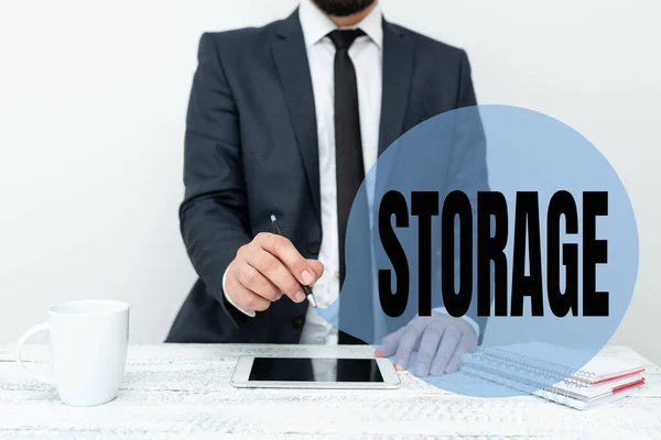 Writing displaying text Storage. Business concept Action of storage something for future use Keep things safe Presenting Communication Technology Smartphone Voice And Video Calling — Stock Photo, Image