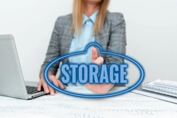 Text caption presenting Storage. Business overview Action of storage something for future use Keep things safe Giving New Hires Company Introduction, Explaining Business Policies — Stock Photo, Image