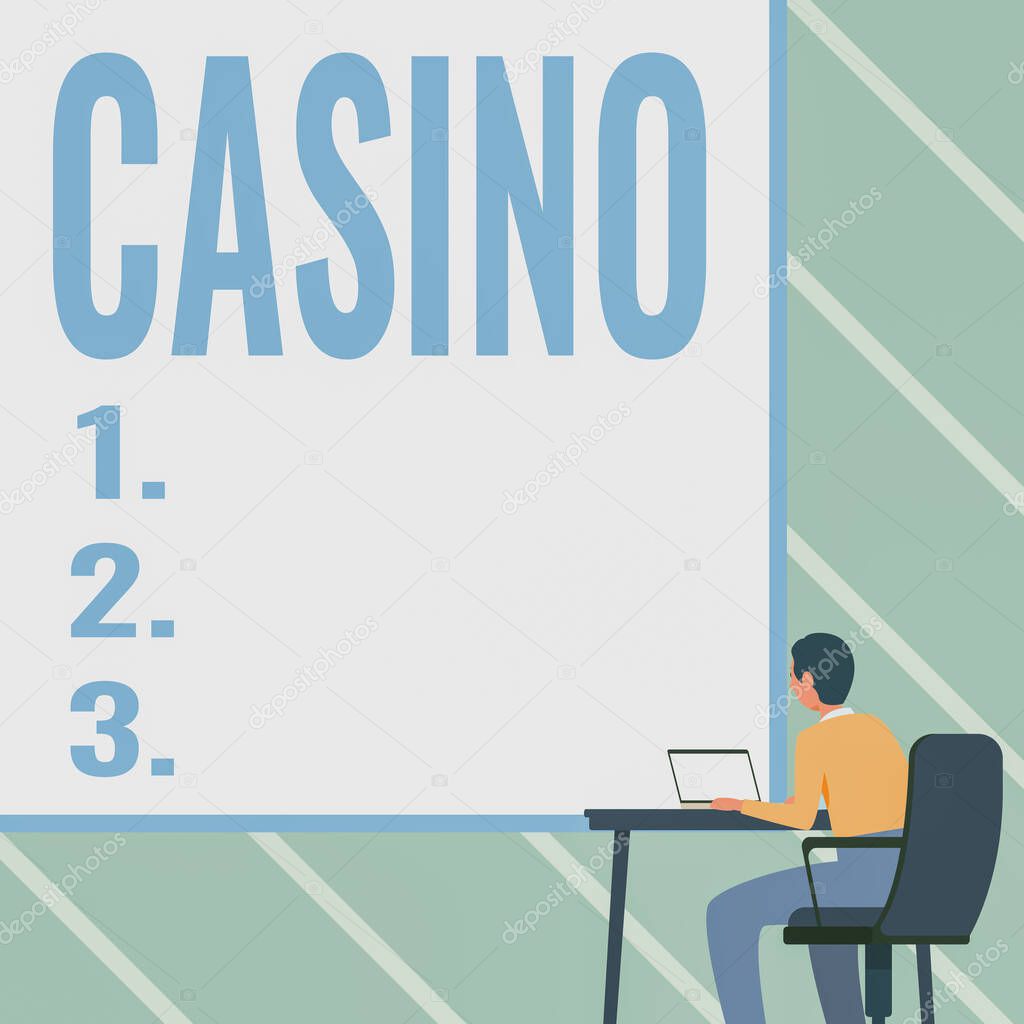 Inspiration showing sign Casino. Word for a building where games especially roulette and card games are played Man Sitting Armchair Using Laptop Placed On Table With Large Blank Board.