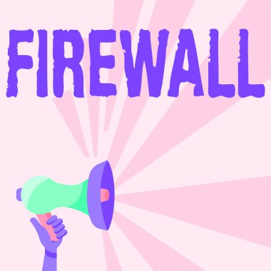 Firewall 'ı gösteren mesaj işareti. İş fikri, ağı veya sistemi, Güneş ışını duyurusu yapan el ele tutuşan megafonun güvenlik duvarı illüstrasyonuna izinsiz erişimden korur..