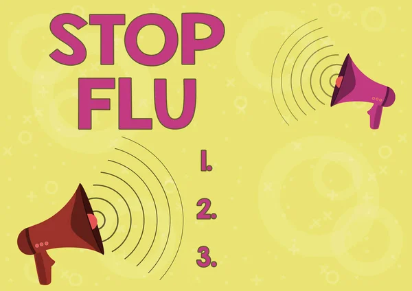 Podpis tekstowy przedstawiający grypę. Koncepcja oznacza Leczenie zakaźnych chorób układu oddechowego spowodowanych przez wirusa grypy Para megafonów Rysunek Wytwarzanie fal dźwiękowych Dokonywanie ogłoszenia. — Zdjęcie stockowe