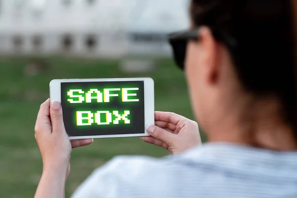 Légende du texte présentant Safe Box. Mot écrit sur Une petite structure où vous pouvez garder des choses importantes ou précieuses Voix et capacités d'appel vidéo Connecter les gens ensemble — Photo