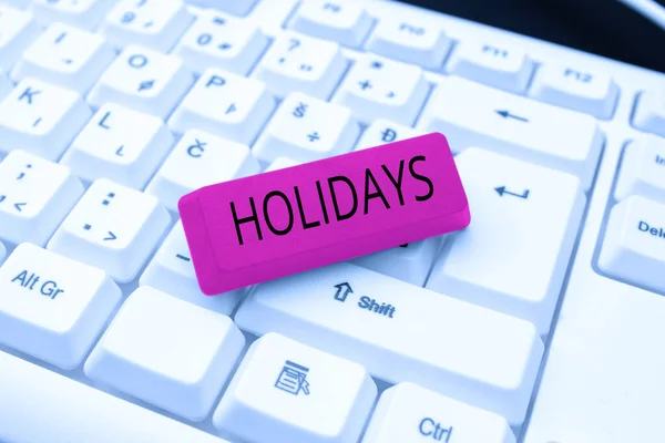 Handwriting text Holidays. Concept meaning an extended period of leisure and recreation spent away from home Typing Difficult Program Codes, Writing New Educational Book — Stock Photo, Image