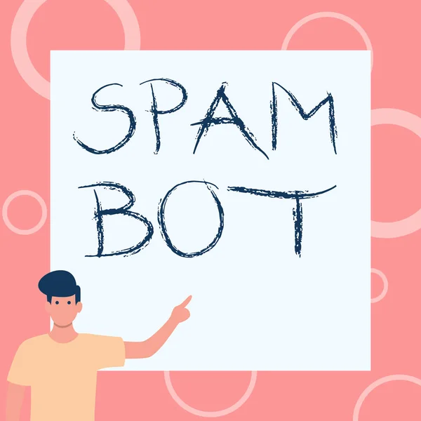 Text showing inspiration Spam Bot. Business overview autonomous program on the Internet that sends spam to users Gentleman Drawing Standing Pointing Finger In Blank Whiteboard. — Stock Photo, Image