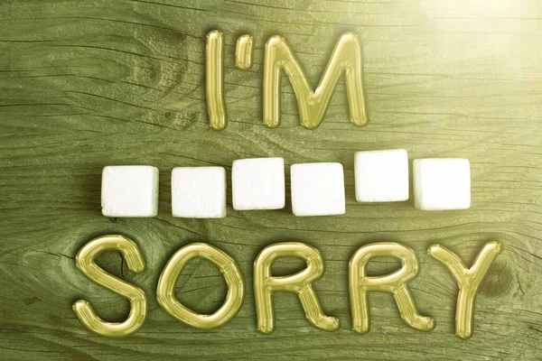 Text sign showing I M Sorry. Business idea To ask for forgiveness to someone you unintensionaly hurt Stack of Sample Cube Rectangular Boxes On Surface Polished With Multi-Colour — Stock Photo, Image