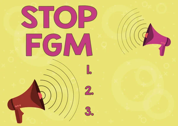 Tekst pisma: Stop Fgm. Pomysł na biznes Połóż kres cięciu narządów płciowych i obrzezaniu Para megafonów Rysunek Produkowanie fal dźwiękowych Dokonywanie ogłoszenia. — Zdjęcie stockowe