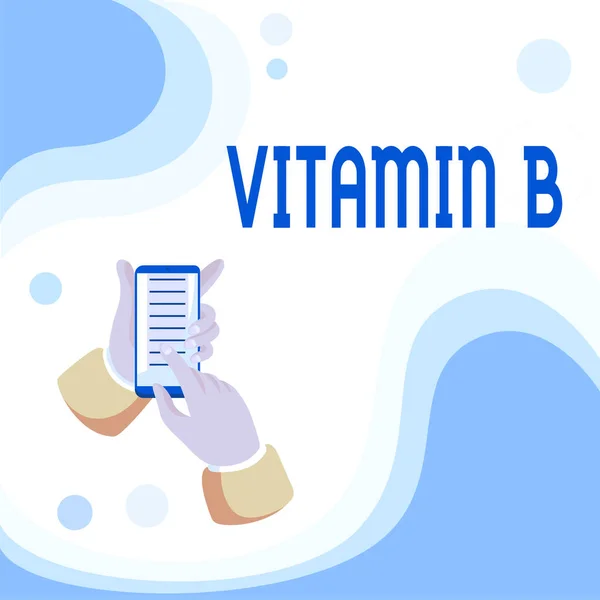 Skylt med B-vitamin Business showcase Nutrient som hjälper till att hålla kroppens nerv och blodkroppar friska Sammanfattning Spridning Meddelande online, Globala konnektivitetskoncept — Stockfoto