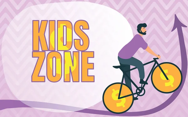 サインキッズゾーンを示すインスピレーション。ビジネスショーケース子供たちが遊び、楽しむことを可能にするように設計されたエリアまたは地域ドル記号ホイールが上向きになる男性の描画自転車. — ストック写真
