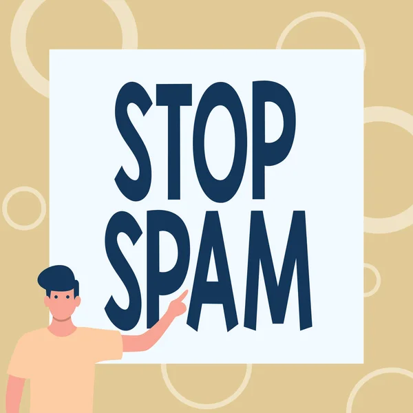 Podpis wyświetlający Stop Spam. Słowo po słowie koniec Intruzyjne lub niewłaściwe wiadomości wysyłane w Internecie Dżentelmen rysujący stojący palec w białej tablicy. — Zdjęcie stockowe