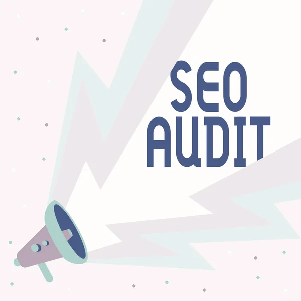 Texto de caligrafia Seo Audit. Palavra para Search Engine Optimization validando e verificando processo Megaphone desenho com relâmpago Onda Sound Making Loud Announcement. — Fotografia de Stock