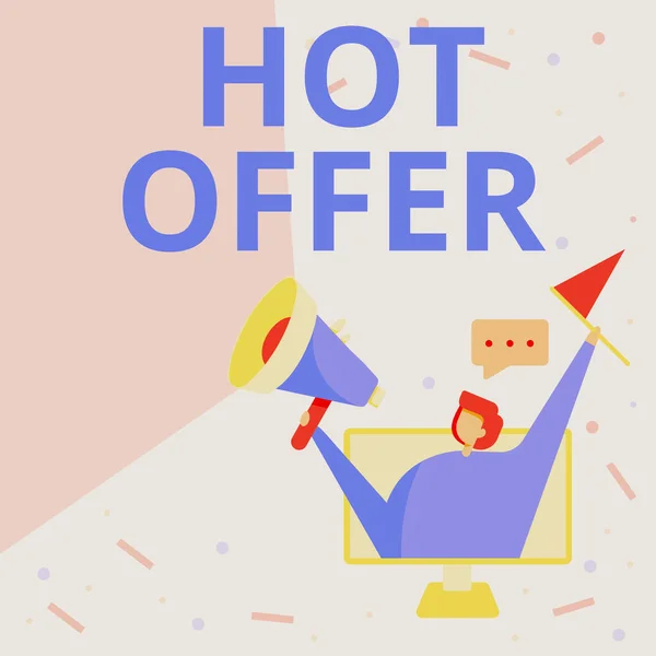 Handschrift teken Hot Offer. Word Written on product or programme that is offered at reduced prices or rates Lady Inside A Monitor Screen Drawing Holding Megaphone And Flag. — Stockfoto