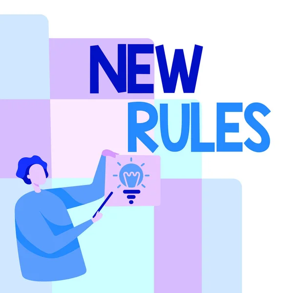 新しいルールが表示されます。インターネットの概念は最近、明示的または理解された規制のセットの1つですスティックを指している間、光球を持つ男立ち紙. — ストック写真