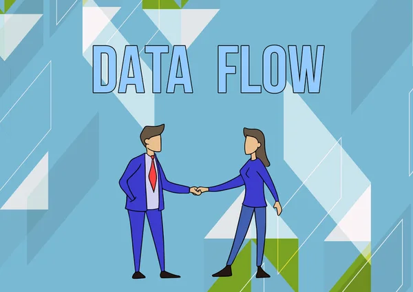 Escribir mostrando texto Data Flow. Idea de negocio: el movimiento de datos a través de un sistema compuesto por software Hombre y mujer de pie mirando uno hacia el otro. — Foto de Stock