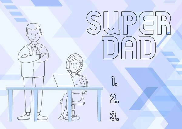 Konzeptionelle Bildunterschrift: Super Dad. Geschäftsidee Kinder-Idol und Superheld als Inspiration für den Mann, der mit verschränkten Armen sitzt und sitzende Frau mit Laptop beobachtet. — Stockfoto