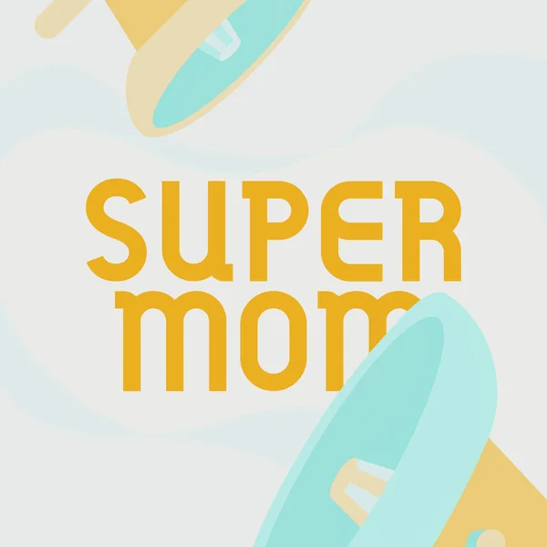Podpis koncepcyjny Super Mama. Słowo dla matki, która może połączyć opiekę nad dziećmi i zatrudnienie w pełnym wymiarze godzin Para rysunku Megaphone Ogłoszenie w Chat Cloud. — Zdjęcie stockowe