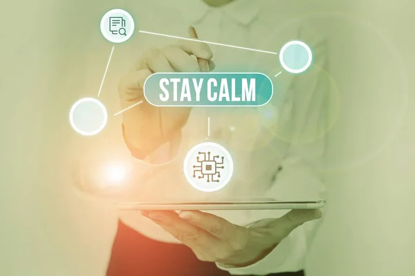 Conceptual caption Stay Calm. Internet Concept Maintain in a state of motion smoothly even under pressure Lady In Uniform Standing Holding Tablet Typing Futuristic Technologies. — Stock Photo, Image