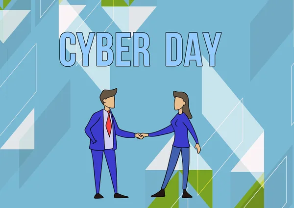Podpis wyświetlający Dzień Cybernetyczny. Biznes pomysł marketingowy termin na poniedziałek po Święcie Dziękczynienia w USA mężczyzna i kobieta stoi twarzą do siebie trzymając się za ręce. — Zdjęcie stockowe