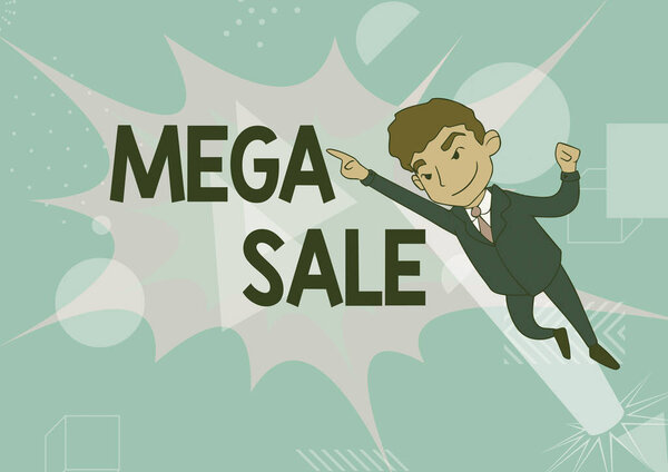 Text caption presenting Mega Sale. Word Written on The day full of special shopping deals and heavy discounts Man Drawing In Uniform Standing Pointing Upward Displaying Leadership.