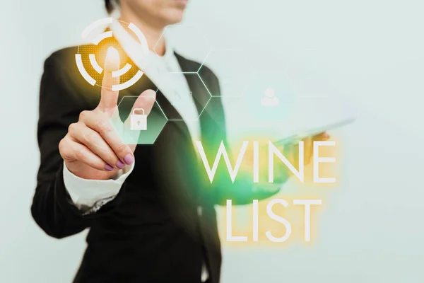 Handschriftliches Zeichen Wine List. Geschäftsidee Menü Wein Auswahl zum Kauf in der Regel in einem Restaurant Woman In Suit Holding Tablet zeigt futuristische Interface-Display. — Stockfoto