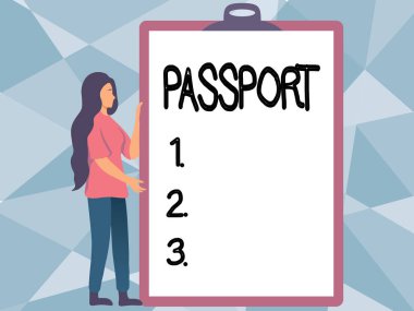 Pasaportu gösteren metin işareti. Yeni Anlamı Gösteren Büyük Boş Bir Pano Çizen Kadın kimliğini onaylayan bir hükümet tarafından yayınlanan iş yaklaşımı resmi belgesi.