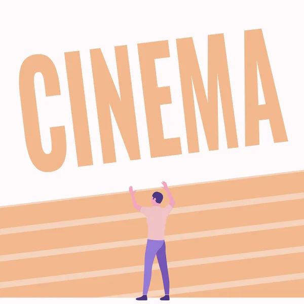 Texto que presenta Cinema. Conceptual photo theater where movies are shown for public entertainment Cine Athletic Man Standing On Track Field Raising Both Hand Showing Celebration. — Foto de Stock