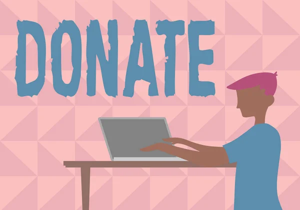 手写签名Donate 。商业展示会为了好的理由捐出金钱或物品，例如捐赠给慈善机构或展示商人站在木桌顶上使用笔记本电脑. — 图库照片