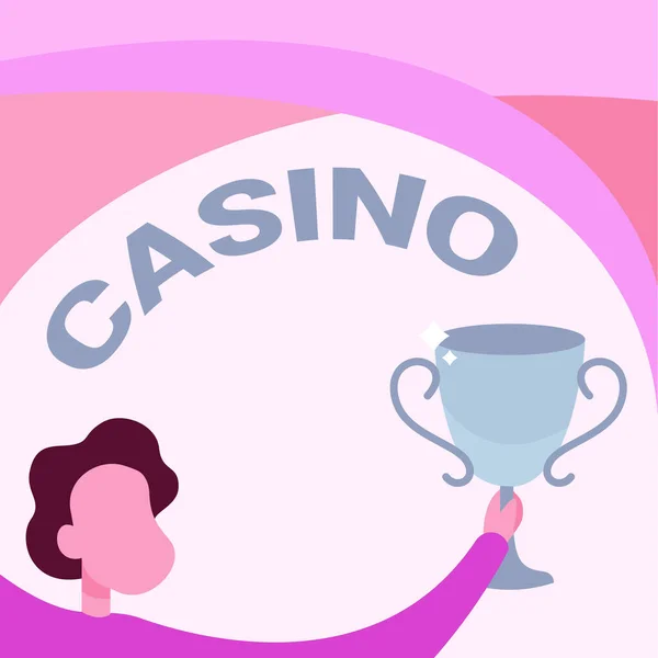 Textskylt som visar Casino. Konceptuell foto en byggnad där spel särskilt roulette och kortspel spelas Man Holding Trophy Cup Up Hög firande seger prestation. — Stockfoto