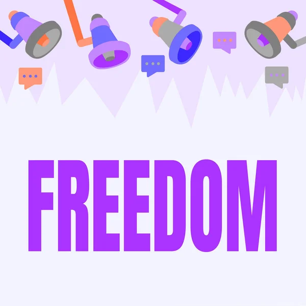 Podpis koncepcyjny "Wolność". Słowo napisane na wolności, a nie w zamknięciu lub pod ograniczeniem fizycznym Megafon sufitowy rysunek dający reakcję Ogłoszenie. — Zdjęcie stockowe
