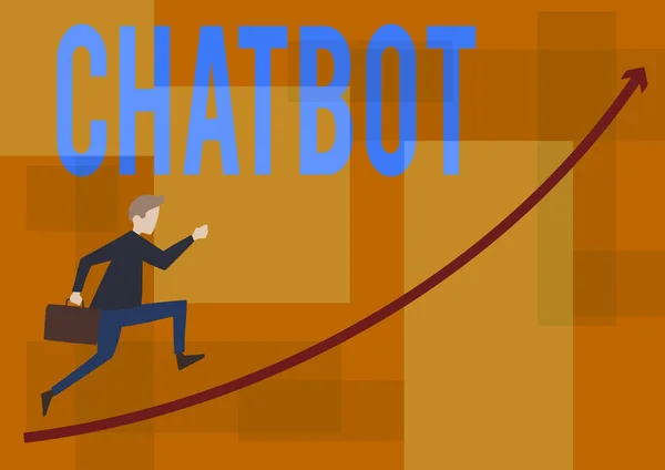 Sign displaying Chatbot. Concept meaning a kind of computer program that simulates human conversation Businessman Running Upward Holding Briefcase With Arrow Pointing Up. — Stock Photo, Image