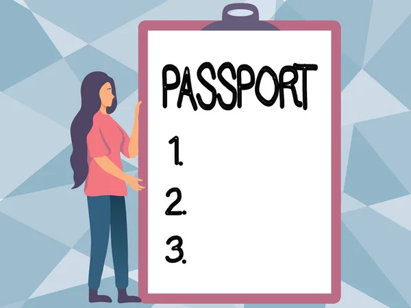 Signo de texto que muestra Pasaporte. Enfoque empresarial documento oficial emitido por un gobierno que certifica la identidad Woman Drawing Holding A Big Empty Clipboard Showing New Meaning. —  Fotos de Stock