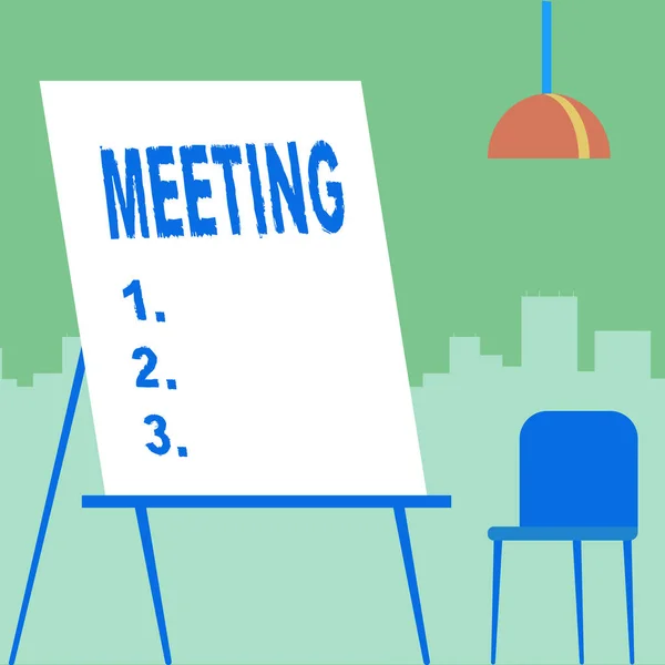 Inspiration showing sign Meeting. Word Written on assembly of showing for a particular purpose or for formal discussion Empty Portrait Artwork Design With Skyscrapers Behind Showing Art Subject. — Stock Photo, Image