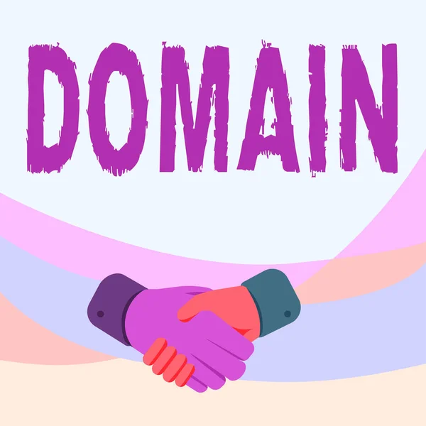 Text sign showing Domain. Internet Concept an area of territory controlled by a particular ruler or government Hands Drawing In Handshake Position Showing Proper Greet Manner. — Stock Photo, Image