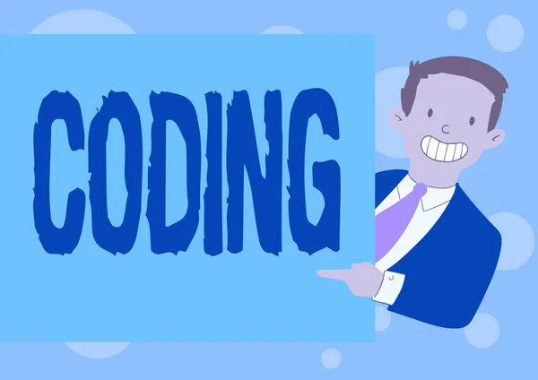 Handwriting text Coding. Business approach assigning code to something for classification identification Happy Man In Suit Standing Holding Pointing Blank Paper Board. — Stock Photo, Image