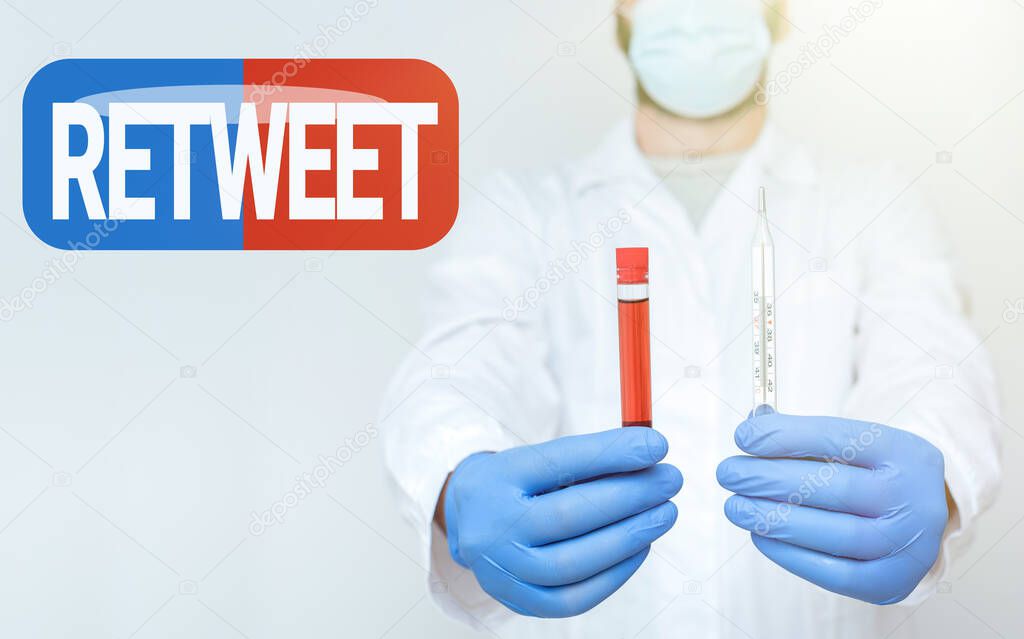 Conceptual caption Retweet. Business idea in twitter repost or forward a message posted by another user Research Scientist Presenting New Medicine, Researching Preventive Measure