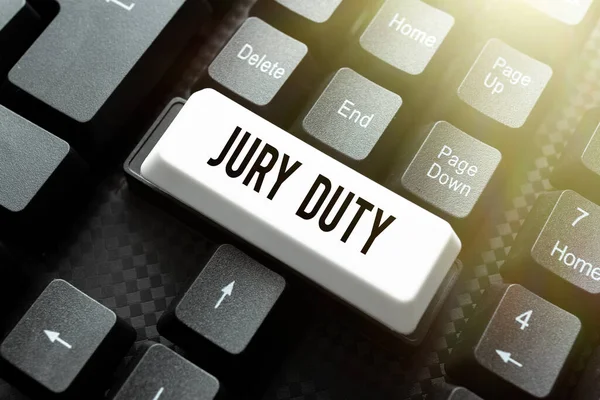 Conceptuele weergave Jury Duty. Word Written on obligation or a period of acting as a member of a jury in court Oude notities herhalen, Tekstspellen spelen, Typesnelheid testen — Stockfoto