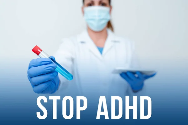 Inspiration visar tecken Stop Adhd. Business showcase Sätt stopp för psykisk ohälsa hos barn Hyperactive Studera ny medicinsk teknik Analysera medicin Upptäckt — Stockfoto