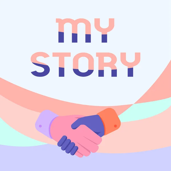 A My Story kijelzője. Internet Concept aktus, hogy elmondja valakinek vagy olvasóknak, hogyan élte az életét Hands Drawing In Handshake Pozíció Megfelelő üdvözlő modor megjelenítése. — Stock Fotó