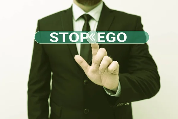 Texte inspirant Stop Ego. Concept Internet Contrôlez votre obsession à propos d'une décision, d'un événement ou de quoi que ce soit Présentation de nouveaux plans et idées Démonstration d'un processus de planification — Photo