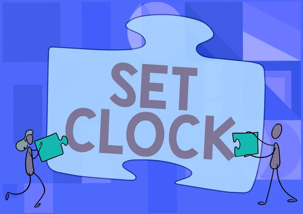 Ręczny napis Set Clock. Słowo Wpisany na umieścić go we właściwym czasie lub zmienić czas zegara do późniejszego czasu Koledzy Rysunek Montaż Dwa kawałki układanki Razem Praca zespołowa. — Zdjęcie stockowe