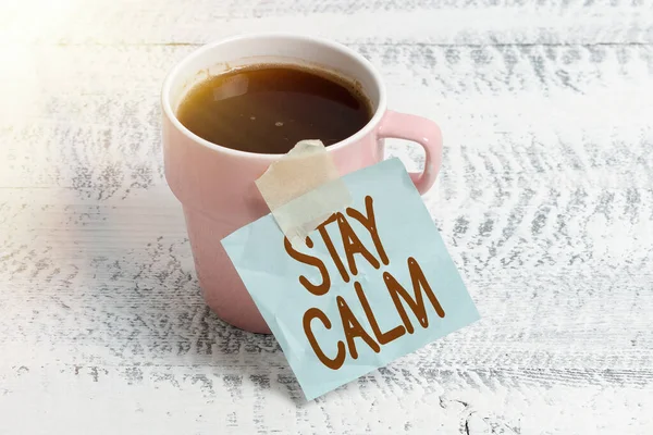 Writing displaying text Stay Calm. Business concept Maintain in a state of motion smoothly even under pressure New Coffee Shop Ideas Writing Important Notes Coffee Break Time — Stock Photo, Image