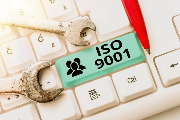 Handwriting text Iso 9001. Business concept designed help organizations to ensure meet the needs of customers Writing Comments On A Social Media Post, Typing Interesting New Article — Stock Photo, Image