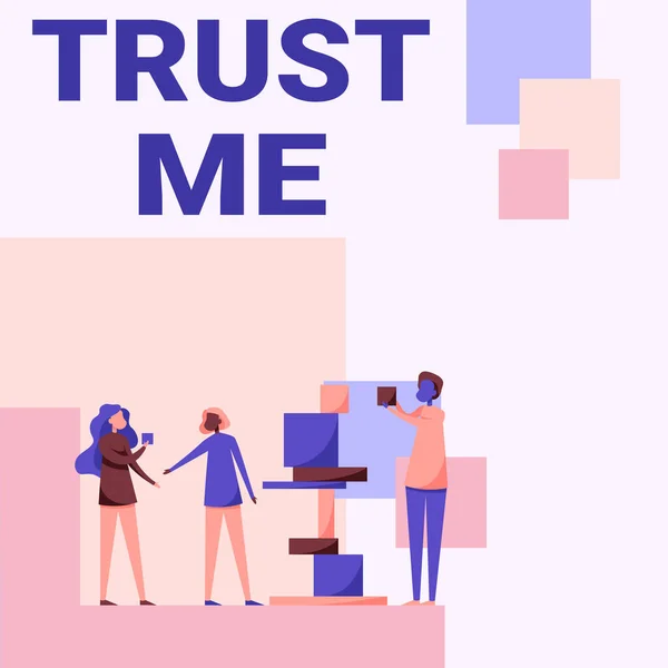 Sign displaying Trust Me. Business idea Believe Have faith in other person Offer support assistance Three Colleagues Standing Helping Each Other With Building Blocks. — Stock Photo, Image