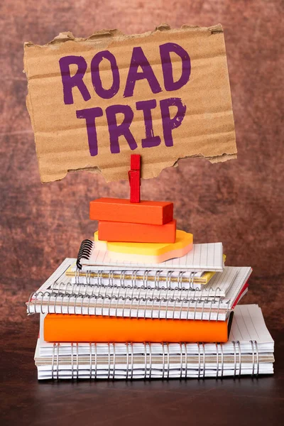 Conceptual display Road Trip. Business showcase long distance journey on the road traveled by automobile Organized And Neat Sorting Arrangement Files And Document Storing Ideas — Stock Photo, Image